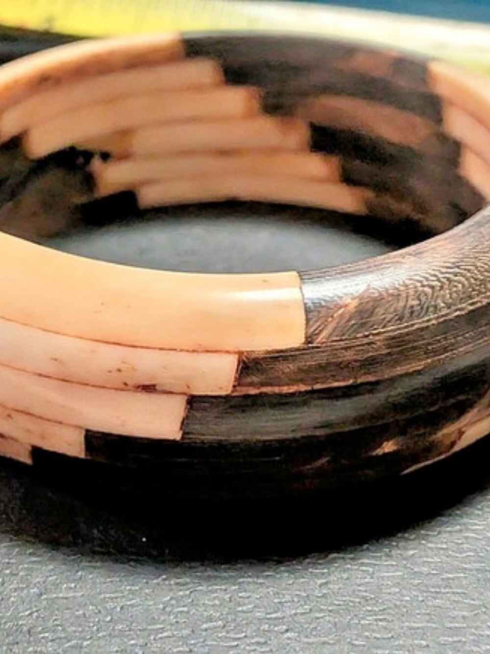 Vintage Handcrafted Wood and Bone Segmented Chunky Statement Bangle